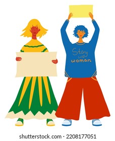 Two full growth girls hold posters in their hands. Rally and protest in Iran, women's freedom. Vector isolated illustration in flat style