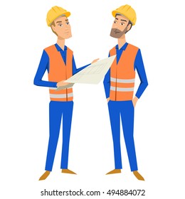 Two full length persons (architect or engineer and foreman or worker) wearing protective uniforms and hardhats, looking at blueprint, holding documents and folder.