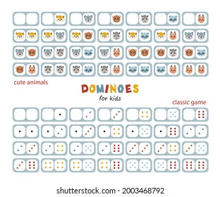 Two full Sets of Dominoes with Cute Forest Animal Faces for Kids and Classic Game. Colorful Domino Stones with Fox, Hare, Wolf, Owl, Bear, Raccoon and Multicolored Dots Drawings. Vector illustration