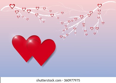 Two full shining red hearts are in the left side of the vector. Many small hearts on the tree branch are above them. All is on trendy pink and blue gradient background. 
