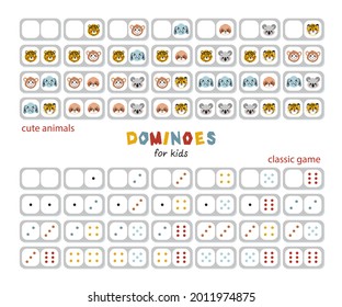 Two full Vector Sets of Dominoes with Cute Tropical Animal Faces for Kids and Classic Game. Colorful Domino Stones with Leopard, Monkey, Elephant, Sloth, Koala, Tiger and Multicolored Dots Drawings