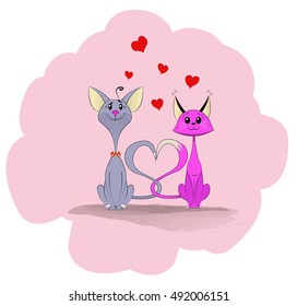 Two fun cartoon cats in love. Romantic vector illustration