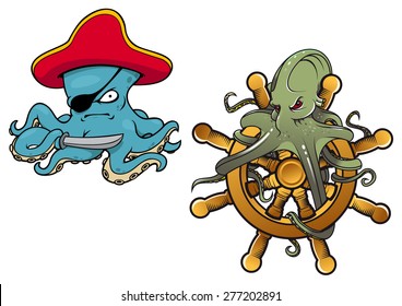 Two fun cartoon octopus with the first dressed as an evil pirate with eye patch and the second entwined around a helm 