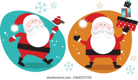 Two fun cute Santas with robin and presents