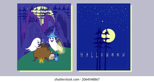 dos fantasmas divertidos de halloween en un bosque