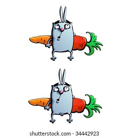 Two fun rabbits are hiding carrots.