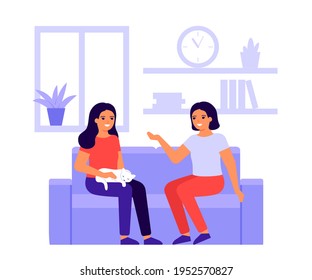 Two fun women friends talk at home on couch. Happy girls with cat are meeting and conversation. People spending time together having friendly communication. Vector flat illustration