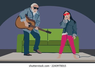 Two funky people sing a song together at home. Grandpa play guitar and small nice grand daughter singing. Joyful person between older and younger