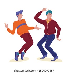Two funky young men, guys dancing happily with closed eyes, smiling, having fun, flat vector illustration isolated on white background. Pair, couple of young Caucasian men dancing happily together