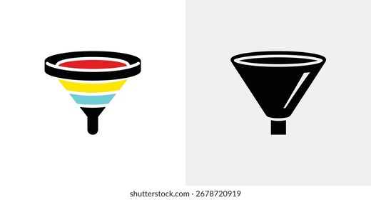 Dois ícones de funil são mostrados lado a lado. Um é colorido e com camadas, enquanto o outro é preto sólido.