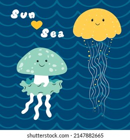 Two funny amusing sea jellyfish or medusa characters on blue wavy background. Happy marine underwater creatures. Exotic fauna of ocean. Text sun and sea. Flat cartoon color vector illustration