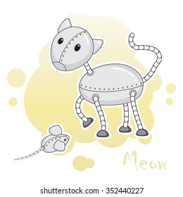 Two funny animal-robots, cat and mouse. Vector illustration.