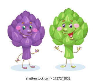 Two funny artichokes - green and purple. In cartoon style. Isolated on white background. Vector flat illustration.