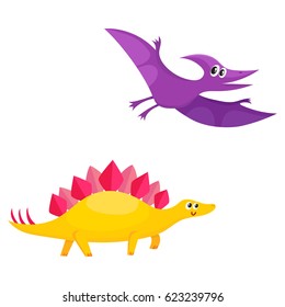 Two funny baby dinosaur characters - stegosaurus and pterodactyloidea, cartoon vector illustration isolated on white background. Happy smiling stegosaurus and pterodactyloidea dinosaur characters