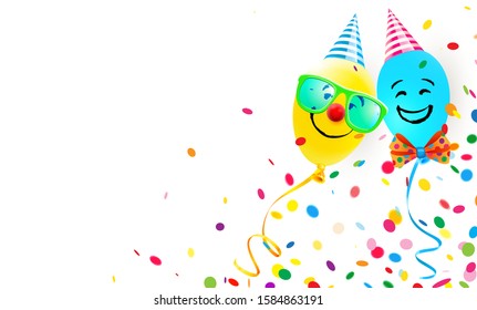 Two funny baloon characters with happy smiling faces, colorful party hats, confetti and carnival accesoires.