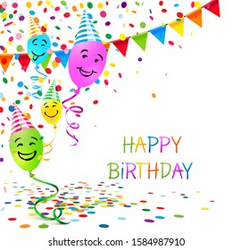 Two funny baloon characters with happy smiling faces, colorful party hats, confetti and carnival accesoires