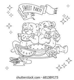 Two funny bears eating watermelon. Words on ribbon  Sweet Party. Vector illustration. Cute animals cartoon character.  Hand drawn sketch illustration for coloring book.