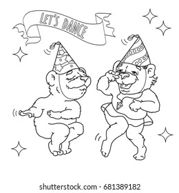 Two funny bears in party hats are dancing. Words on ribbon  Let's dance. Vector illustration. Cute animals cartoon character.  Hand drawn sketch illustration for  coloring book.
