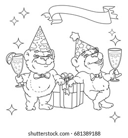 Two funny bears in party hats are drinking a fruit cocktail from high glasses.  Vector illustration. Cute animals cartoon character.  Hand drawn sketch illustration for coloring book.