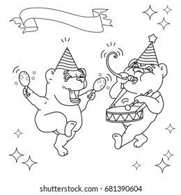 Two funny bears in party hats are dancing.  Vector illustration. Cute animals cartoon character. Hand drawn sketch illustration for  coloring book.