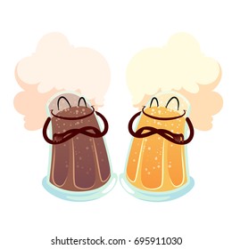 Two funny beer glasses with light and dark beer. Vector illustration isolated on a white background.