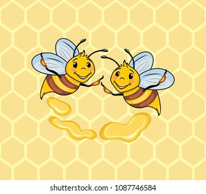 Two funny bees on the honeycomb background. Vector