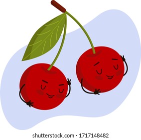Two funny berries on a twig are sleeping, closing their eyes. Cartoon character cherry with arms and legs. 