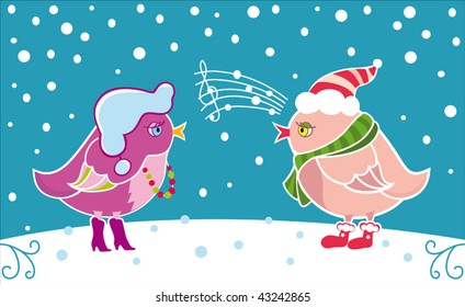 two funny birds in winter clothes
