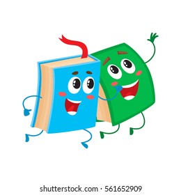 Two funny book characters running happily together, cartoon vector illustration isolated on white background. Blue and green books hurrying, smiling, running together, school, education concept