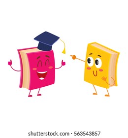 Two funny book characters running happily together, cartoon vector illustration isolated on white background. pink and yellow books hurrying, smiling, running together, school, education concept