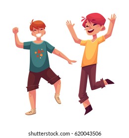 Two funny boys, kids having fun, dancing at party, cartoon vector illustration isolated on white background. Happy boys dancing, jumping at a kids, birthday party, having fun