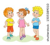 Two funny boys and one cute girl are walking and talking. In cartoon style. Isolated on white background. Vector illustration.