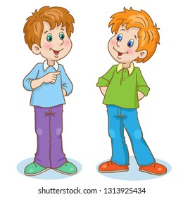 Two funny boys stand and talk. In cartoon style. Isolated on white background.  Vector illustration.