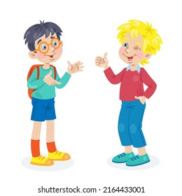 Dos chicos graciosos paran y hablan. Al estilo de las caricaturas. Aislado sobre fondo blanco.  Ilustración plana vectorial.