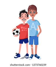 Two funny boys standing together after a football game. Best friends of childhood. Colorful illustration.