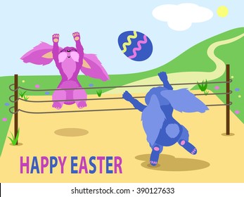 Two funny bunny are playing with easter egg. Easter card. Vector illustration