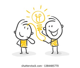 Two Funny Business Stick Figure Stickman Have An Idea Vector
