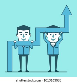 Two funny businessman holds growth arrow. Teamwork, cooperation concept. Simple style vector illustration