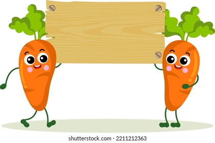 Zwei lustige Karotten mit leerem Holzschild

