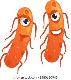 Two funny cartoon bacteria with big eyes and vibrant orange bodies, one expressing shyness while the other displays a cheerful smile, bring playful emotions to life