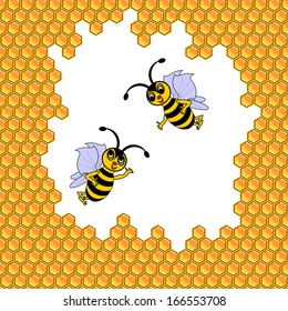 Two funny cartoon bees surrounded by honeycombs. Vector-art illustration