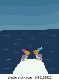 Two funny cartoon birds in wool hats  - pelicans talking on ice or snow 
block or iceberg. Dark blue skyline or horizon, sea around. North country with cold ocean with waves.
