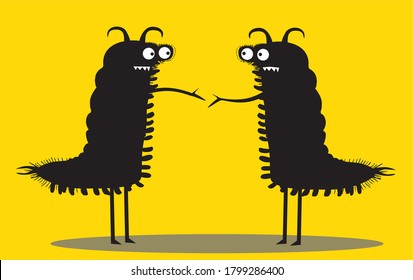 Two funny cartoon caterpillars shake hands 