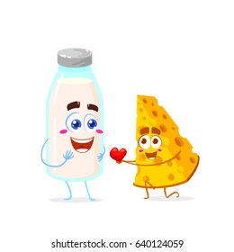 Two funny cartoon characters of cheese and bottle of milk. Vector illustration isolated on white background.