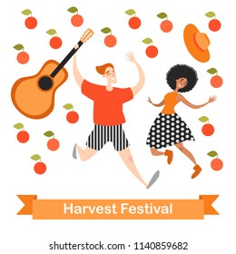 Two funny cartoon characters are dancing at a harvest festival. Falling apples. Vector illustration on a white background