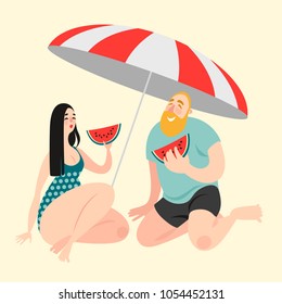 Two funny cartoon characters eating watermelon on the beach.  Vector illustration 