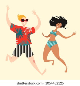 Two funny cartoon characters jumping on the beach in swimming suits and shorts. Young boy and girl dancing at a beach party. Vector illustration