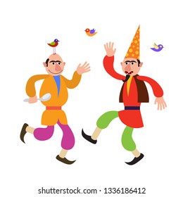 Two funny, cartoon characters, Kosa and Kechal, dancing on Novruz Holiday