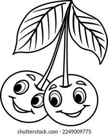 Two funny cartoon cherries for the coloring book. Vector illustration of cute cherries
