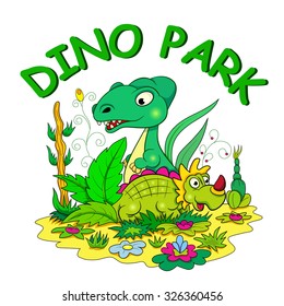 Two funny cartoon dinosaur among the flowers and plants. Card of Dino park.